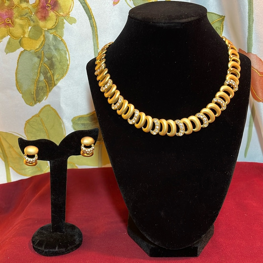 #111. Brushed gold necklace w/ rhinestones & earrings